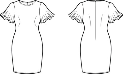 Elegant women’s short dress flat sketch, ruffle sleeve bodycon dress technical drawing, fashion vector template for apparel design, sewing pattern outline illustration