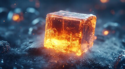 Burning amber cube on frosty ground