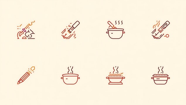 A collection of eight stylized line art icons representing various food and drink items with a warm color palette