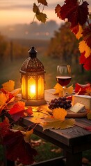 Autumnal Still Life - Wine, Lantern, and Harvest Bounty.
