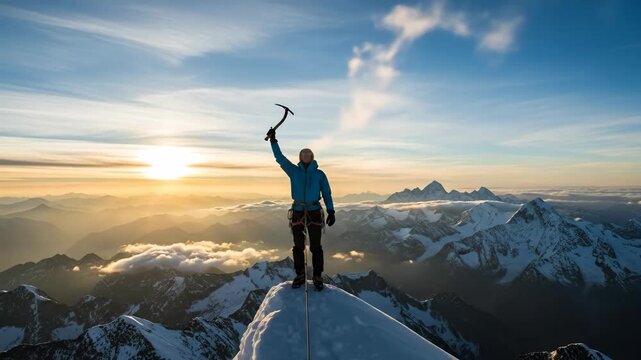 Male mountaineer celebrating success on snowy mountain peak during sunset, raising ice axe as a flare ignites with smoke, adventure concept