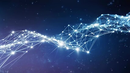 Glowing digital network connections pulsing with light and data streams in a dark blue abstract space with bokeh particles icon - Powered by Adobe