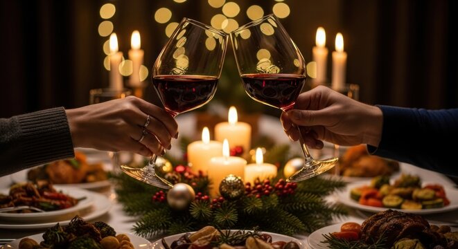 People toasting wine glasses at candlelit dinner celebration close up