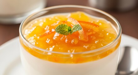 Delicious Mango Panna Cotta Dessert with Mint Garnish in Glass.