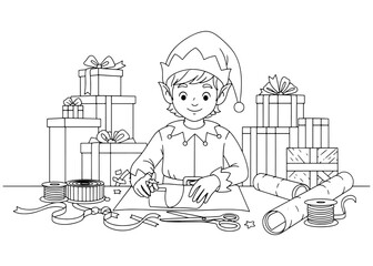  A cute Christmas elf wrapping gifts at a table. Holiday preparation with presents, ribbons, and scissors. Black and white line art for a coloring book.