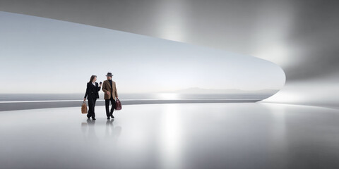 Minimalist artwork. Two business travelers crossing a bright futuristic hall overlooking the sea. Concept of luxury travel, future mobility, innovation, and global tech evolution.