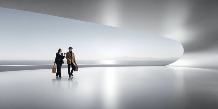 Minimalist artwork. Two business travelers crossing a bright futuristic hall overlooking the sea. Concept of luxury travel, future mobility, innovation, and global tech evolution.