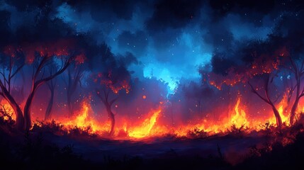 Burning forest at night, vibrant flames