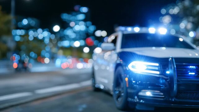 426Dramatic close-up of a police car with flashing lights, lens flare from streetlights, urban night environment with reflective asphalt
