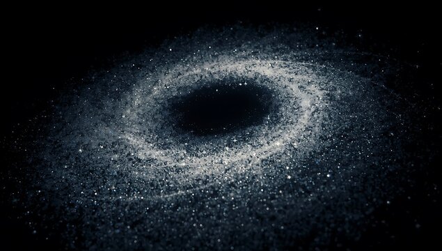 Abstract swirling vortex of white particles against a deep black cosmic background - Powered by Adobe