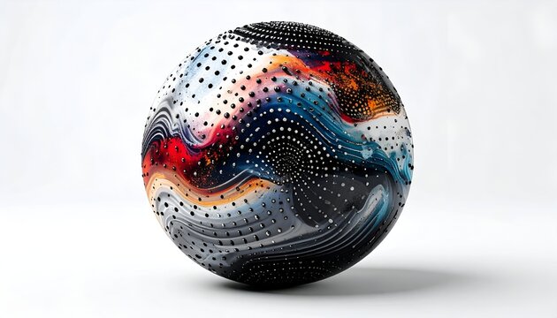 A complex, colorful sphere with a layered, abstract design and numerous dark perforations