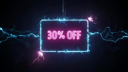 Neon 30 percent off sign glowing with electric energy and particles thirty icon