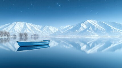 Calm blue boat on frozen lake, snow-capped mountains