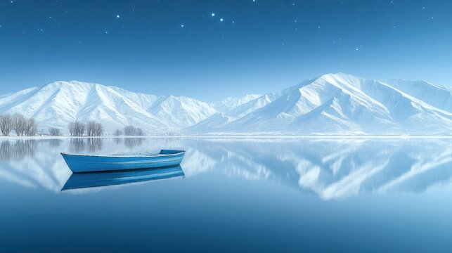 Calm blue boat on frozen lake, snow-capped mountains