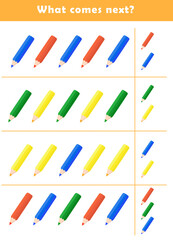 What comes next? Educational logic game for kids with cute colored pencil illustration. Worksheet for children.