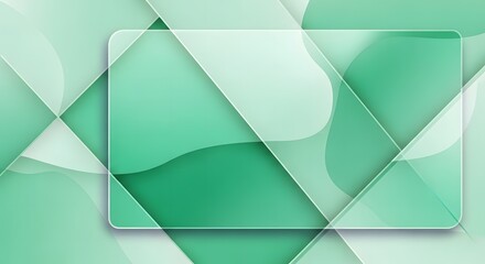 Abstract geometric background with translucent glass rectangle and soft green shapes.