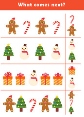 Christmas activity sheet. What comes next? Educational logic game for kids with cute christmas illustration. Worksheet for children.