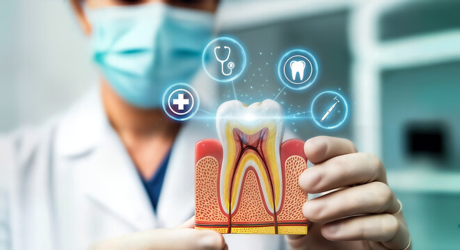 Dentist holding a model of a tooth with digital health icons floating around it, representing modern dental care and technology - Powered by Adobe