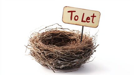 A rustic bird's nest with a To Let sign, symbolizing new beginnings.