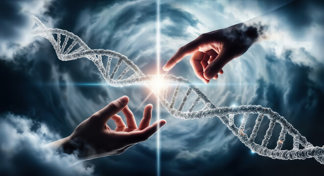 Two hands reaching out to touch a glowing dna helix, symbolizing creation, science, and the interconnectedness of life against a dramatic, cloudy sky