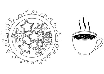 Plate of Christmas cookies and a mug of hot chocolate. Festive holiday baking and cozy winter drink. Black and white line art vector for a coloring book.