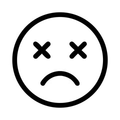 Minimalistic black-and-white illustration of a face with X-shaped eyes and a frowning mouth, conveying a sense of distress or exhaustion.