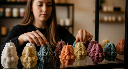 Woman Arranging Decorative Geometric Candles on a Shelf