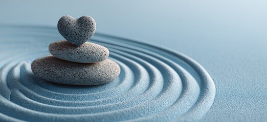 Stacked stones, heart on top, in concentric sand circles on blue background