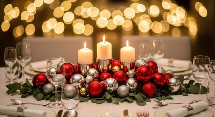 Festive table setting with candles and decorations for holiday celebrations