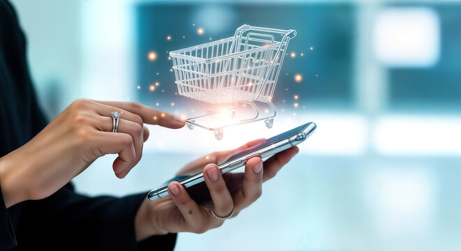 Closeup of a persons hands holding a smartphone with a glowing 3d shopping cart icon hovering above the screen, symbolizing online shopping and ecommerce