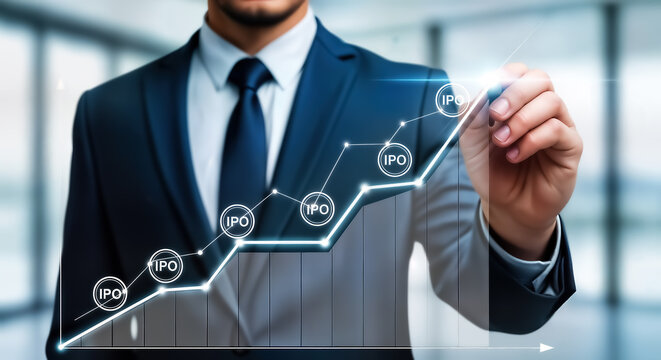 Businessman drawing an upward trending graph with ipo symbols indicating a successful initial public offering and financial growth in a modern office setting - Powered by Adobe