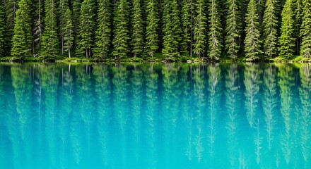 Vibrant turquoise lake reflects dense green forest canopy