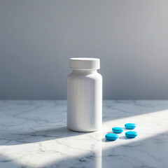Bright sunlight illuminates a white pill bottle and blue tablets on a marble surface in a serene setting