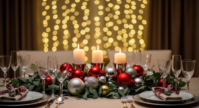 Festive holiday table setting with candles ornaments and sparkling lights