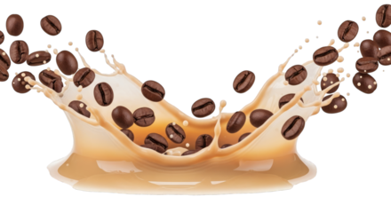 Delicious aromatic coffee beans splashing into creamy liquid on transparent background