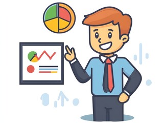 Smiling businessman cartoon presenting business data analysis with charts.
