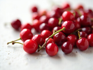 Fresh red cherries scattered artfully on a light surface ready for summer desserts and refreshing snacks