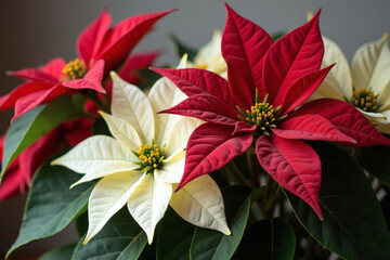 Vibrant red and white poinsettia flowers brighten up a cozy indoor space during the winter holiday season