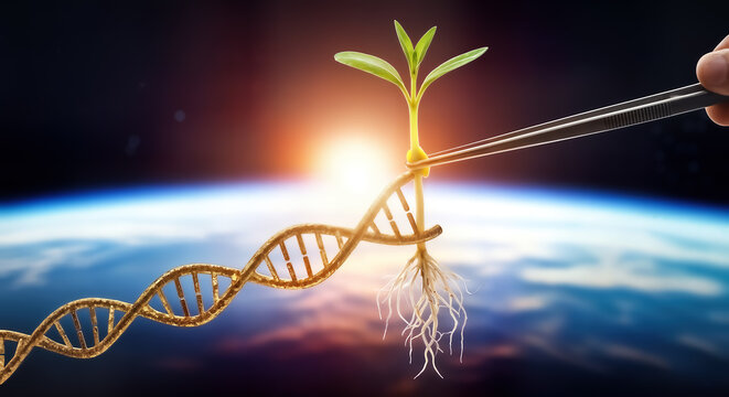 A seedling with roots is being genetically modified by tweezers holding a dna strand against a backdrop of earth and the sun, symbolizing biotechnology and life science
