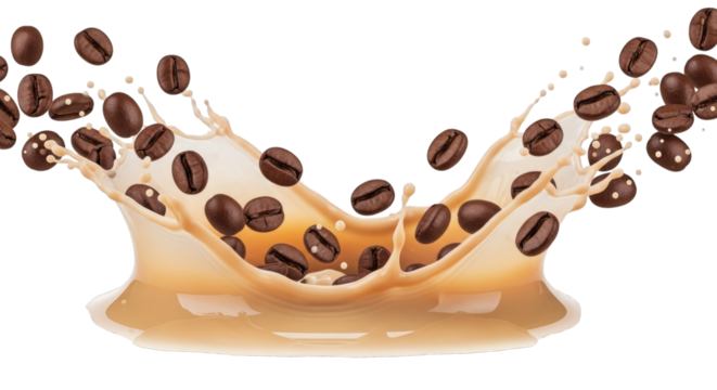 Delicious aromatic coffee beans splashing into creamy liquid on transparent background