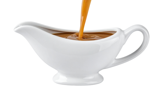 Gravy boat with rich brown gravy pouring smoothly. Perfect food PNG for menu design, restaurant ads, Thanksgiving visuals, and culinary branding.