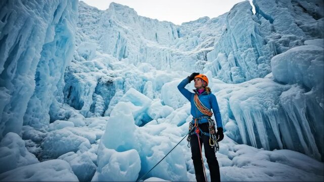 Woman ice climber exploring a vast frozen glacier with towering ice formations, preparing for advanced mountaineering.