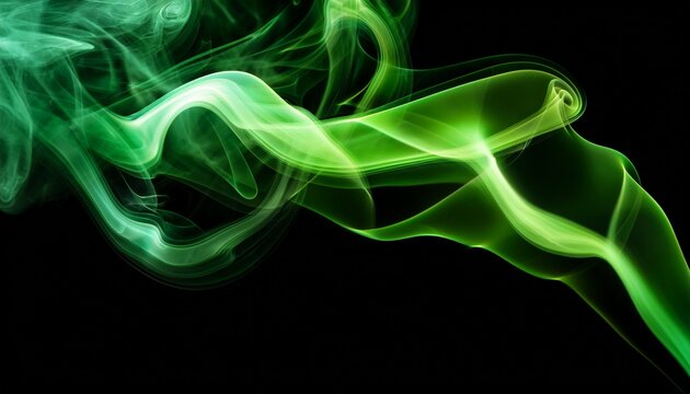 abstract shot of bright green ethereal smoke swirling against a stark black backdrop