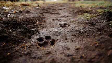 Fototapeta premium Natural animal paw prints deeply imprinted in the damp dark earth of a forest trail showcasing the subtle passage of wildlife