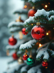Bright red ornament hanging from a snow-covered pine tree during a peaceful winter holiday season