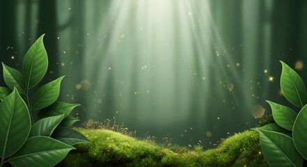 Sunlight streams through a lush green forest, illuminating mossy ground and delicate floating particles.