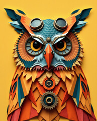 Colorful paper art owl showcasing intricate design elements under vibrant yellow background