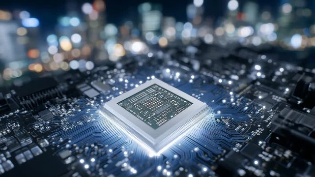 A futuristic GPU with visible microchips and vapor chamber cooling, surrounded by shimmering reflections of LED lighting