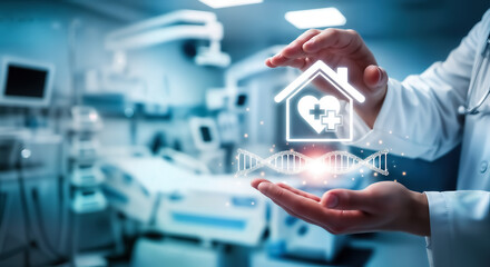 Doctors hands holding a glowing icon of a house with a heart and cross inside, symbolizing healthcare and medical technology, with a dna helix below, set against a blurred hospital background