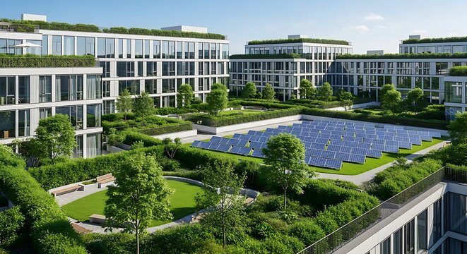 Modern sustainable office complex with green rooftop gardens and solar panels, showcasing eco-friendly architecture and urban development